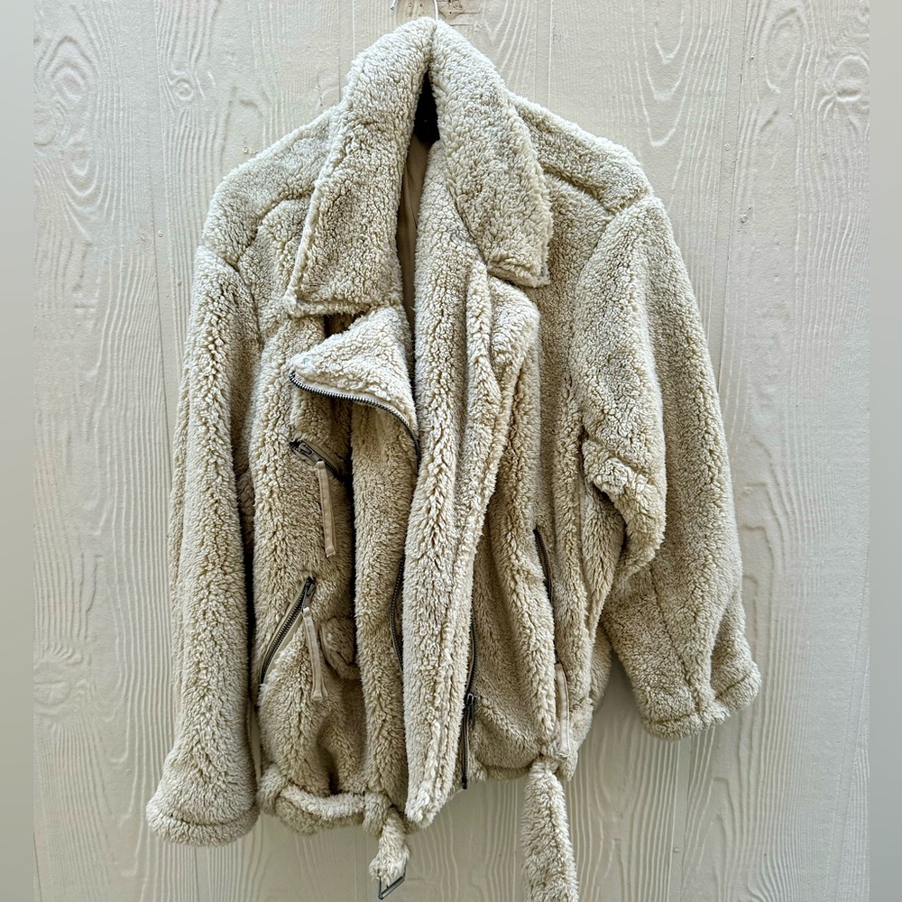 We The Free People Fleece Plush Moto Biker Jacket Tan/ Cream